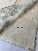 Jute Linen Applique work saree  -MSH128 Offwhite to Green