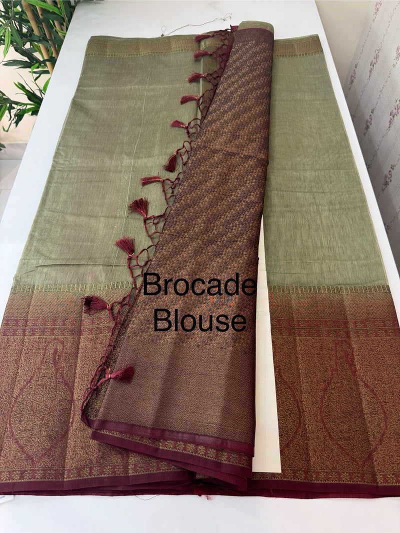 Jute silk sarees with contrast pallu & blouse MJL3412 Ash to Maroon