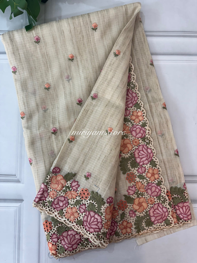 Embriodery Kota Silk Cutwork saree FBLK100 - Beige