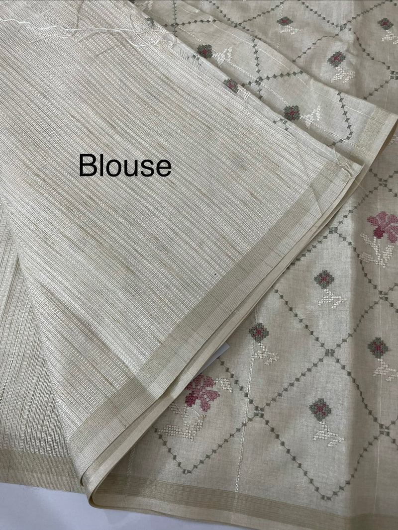 Soft Blended tussar saree with embriodery - MS8688 Cream