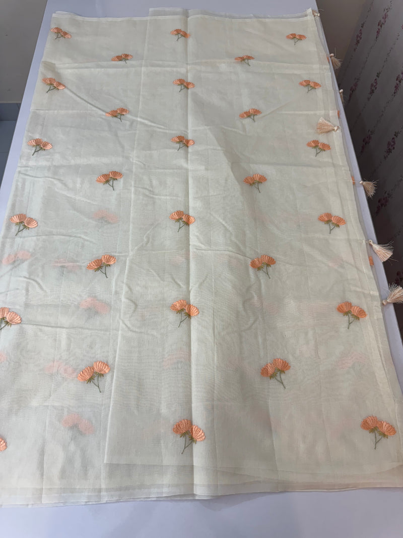 Mul chanderi saree with embriodery MSH114- Peach flowers