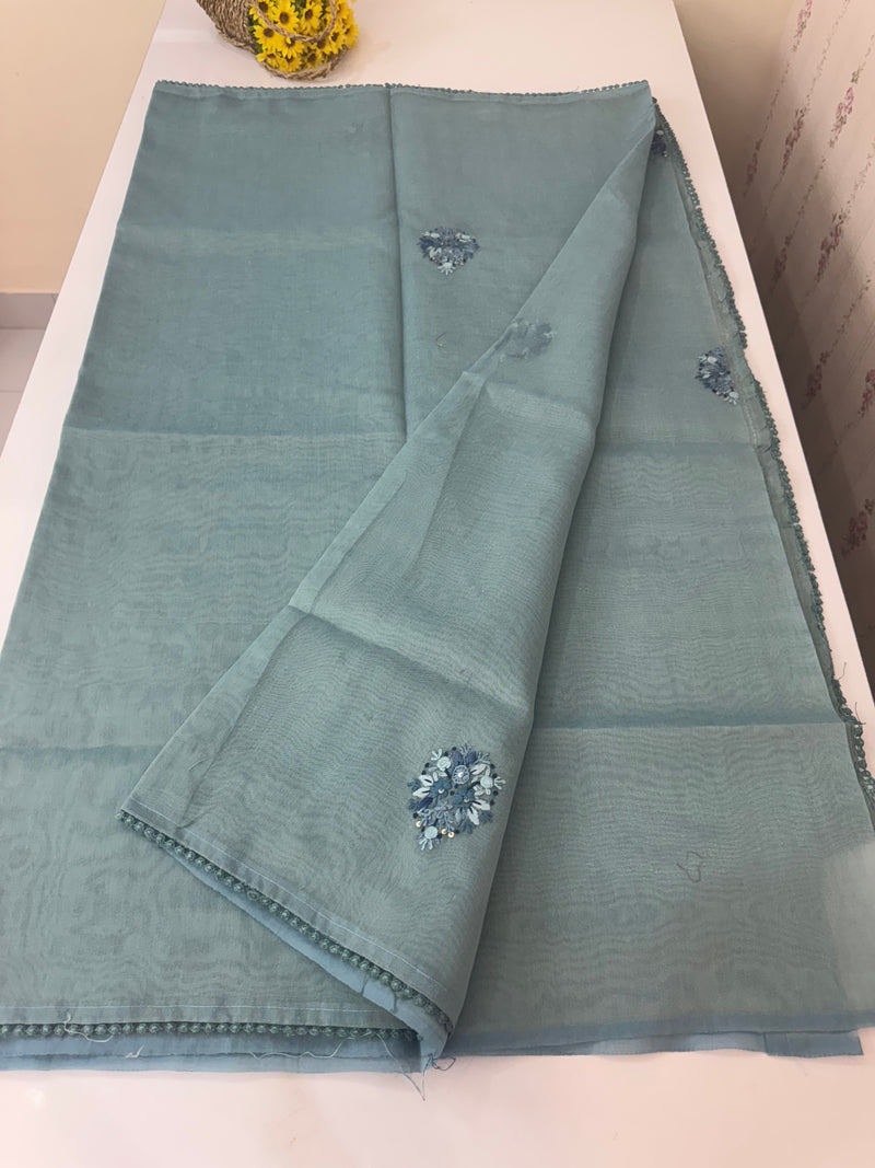 Handworked Tissue silk saree with French Knots FBLK162 DuskyBlue