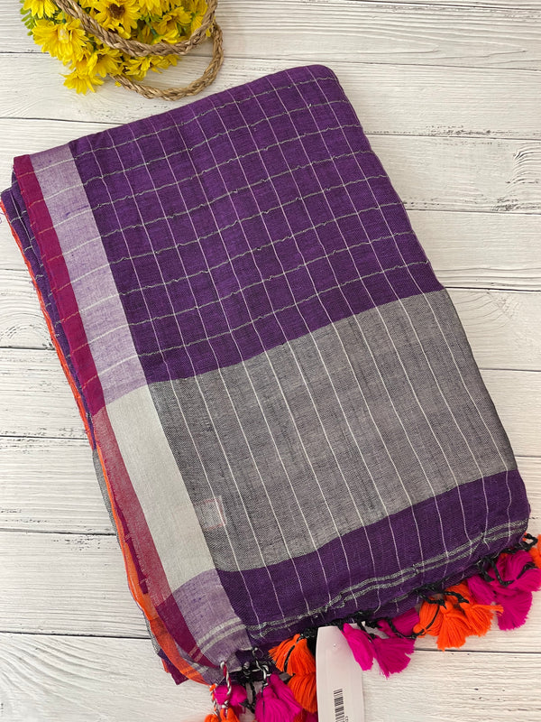 Linen checks saree with zari border MLS9788