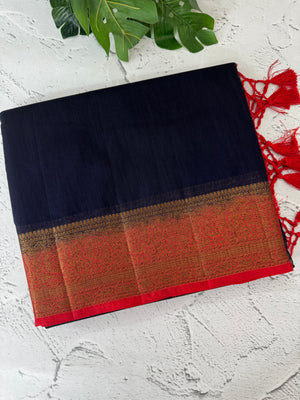 Jute silk sarees with contrast pallu & blouse MJL396 DarkBlue to Red