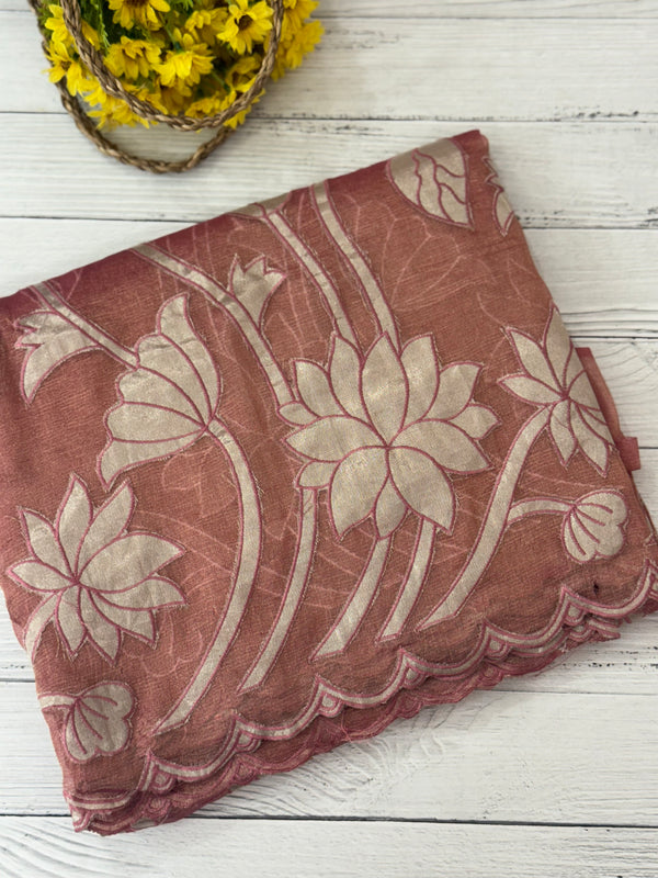 Dual tone Crush silk Organza Applique work saree MS14567- DuskyPeachPink