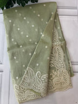 Organza saree with embroidery scalloped border MS13910 DustyGreen