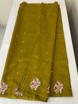 Blended tussar silk saree with embroidery- MS1072 GreenyMustard