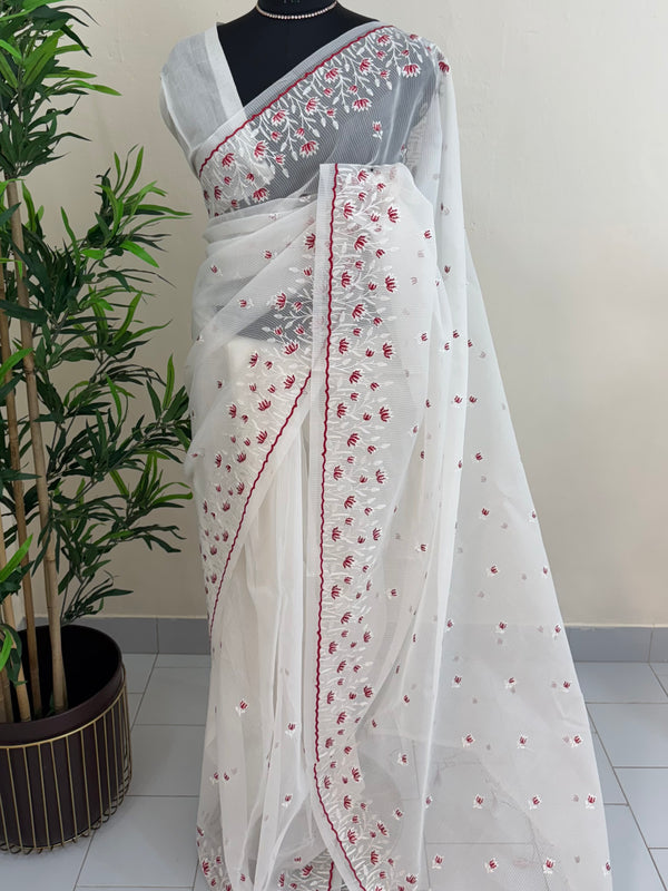 Kota silk embroidery saree MCKS561 White & Red