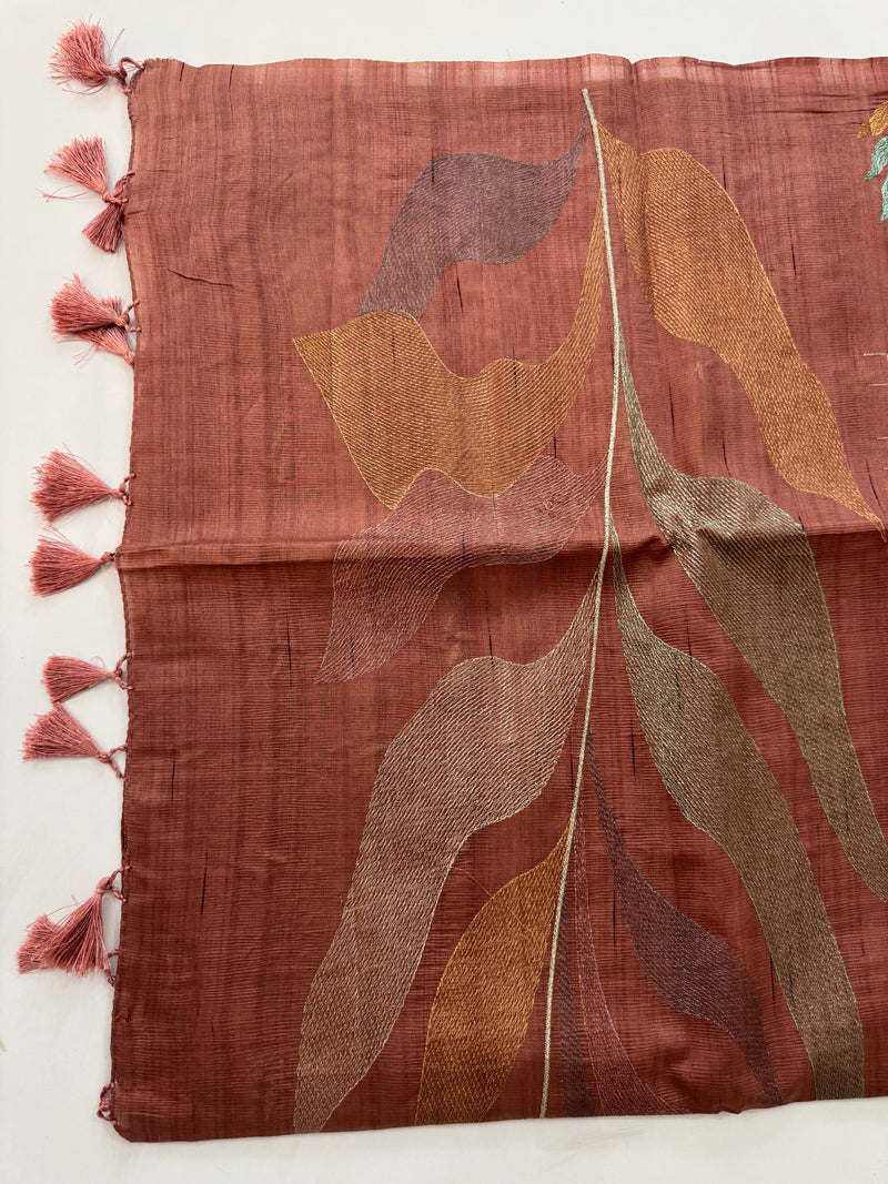 Crushed Blended tussar silk saree with embroidery- SNFCYEY Pinkish Brown