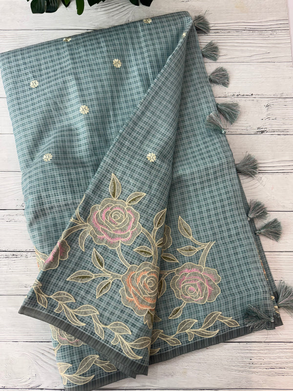 Applique and embroidery work 
 Kota Silk saree MSH118- DuskyBlue