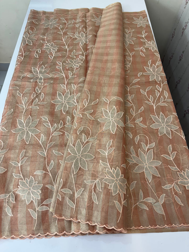 Tissue Silk applique work saree MSH133 Design 2- Peach