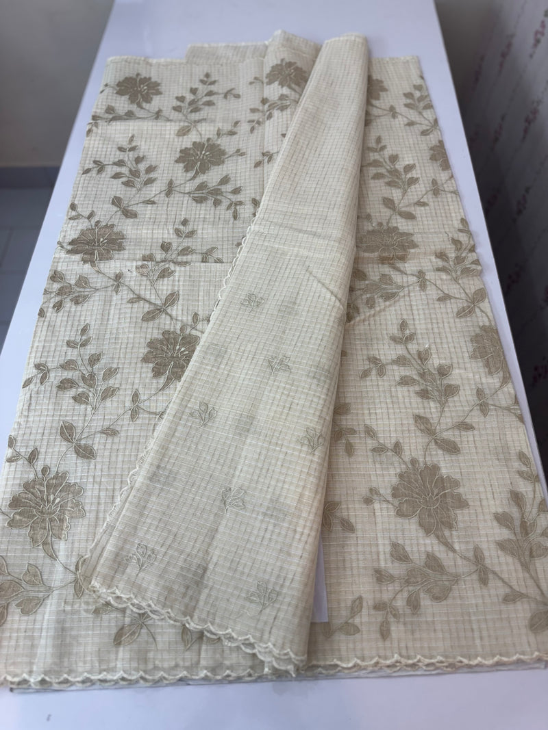 Chanderi tissue silk saree with applique work MS5541- Beige