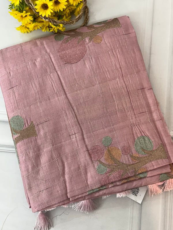 Crushed Blended tussar silk saree with embroidery- SNFCYEY Dusky OnionPink