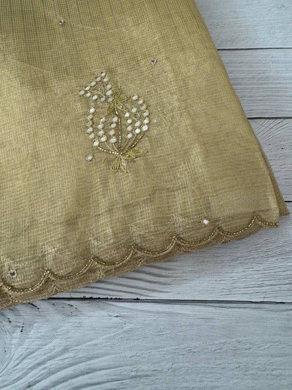 Tissue silk saree with mirror work and scalloped border MTSS432- DuskyYellow