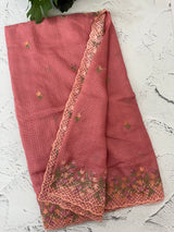 Soft kota checks saree with embroidery  - MS7843 Peach