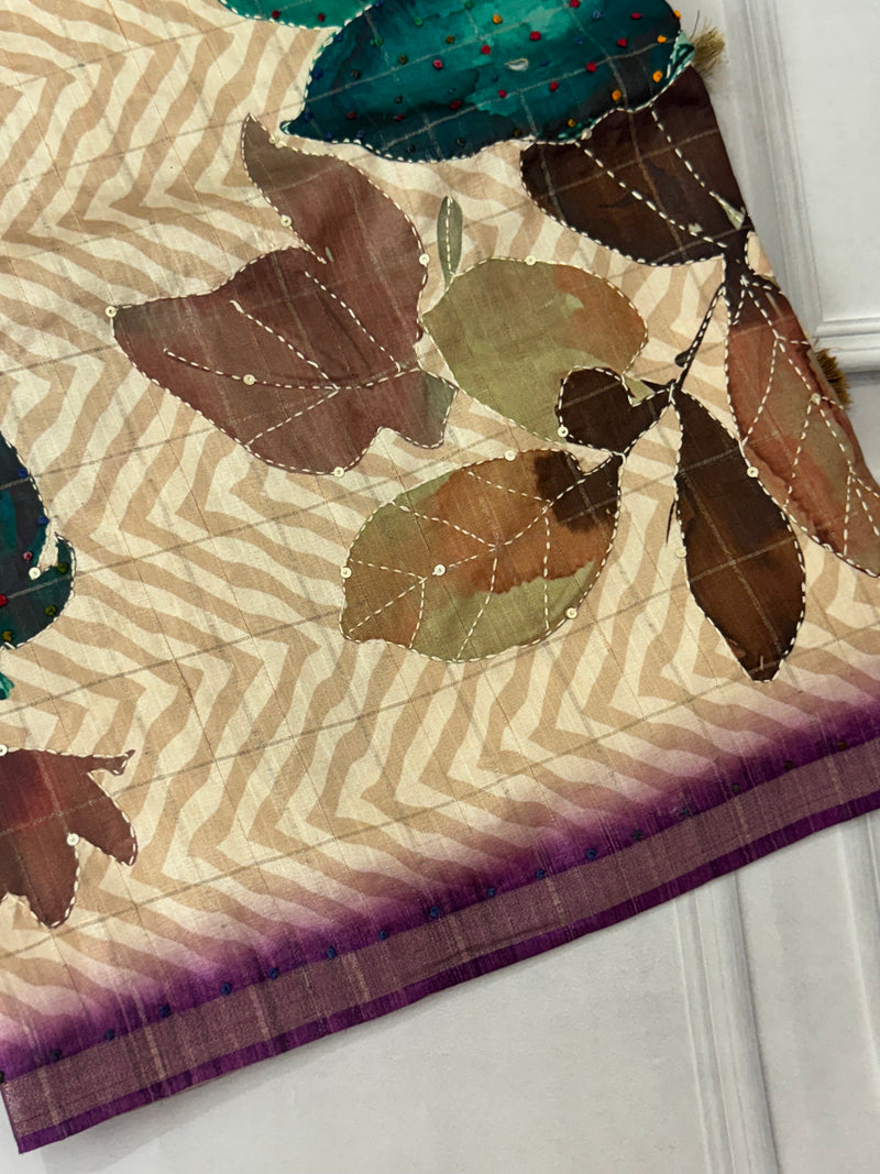 Blended tussar silk saree with french knots, sequence and kanta work - MS14855