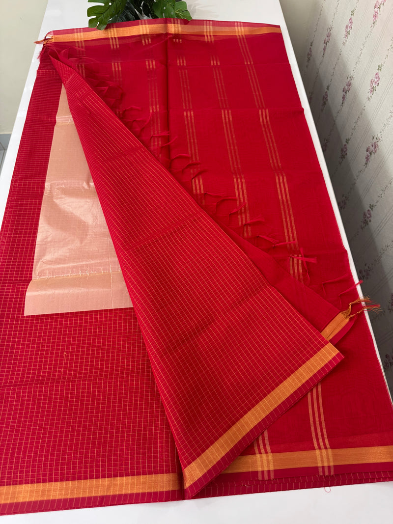 Mangalagiri Silk Cotton Saree with zari checks MS90321 Red