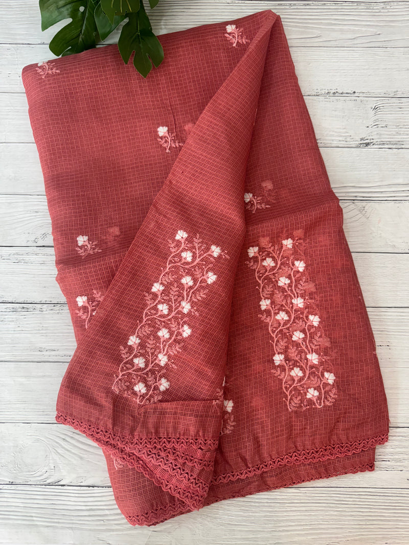 Kota checks saree with embroidery SVTS34 - Rusty darkpeach