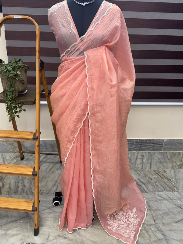 Designer Embroidery Organza Saree with applique work FCAD121 pastel peach