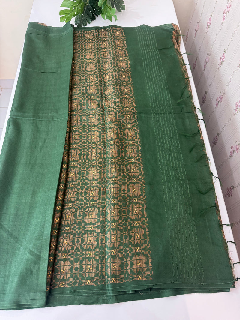 Semi tussar saree with Handwork MS44500 - DarkGreen