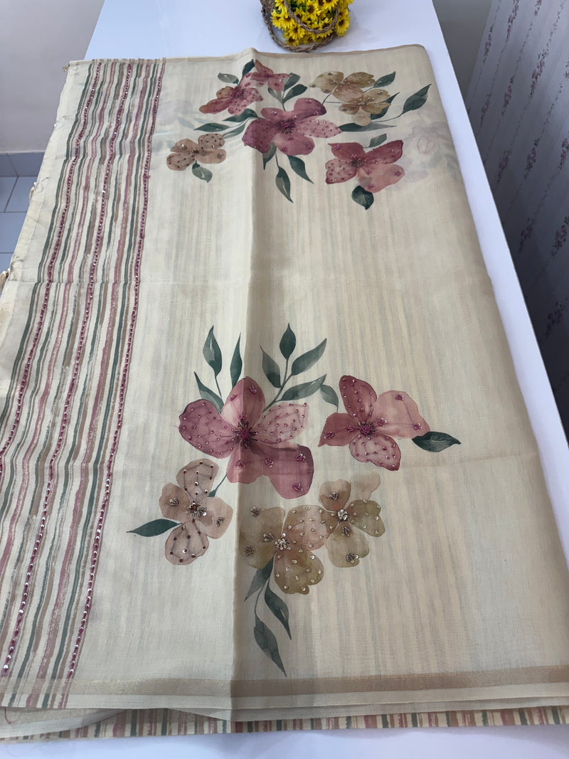 Blended tissue-tussar silk saree with french knots, sequence and bead work - MS19965