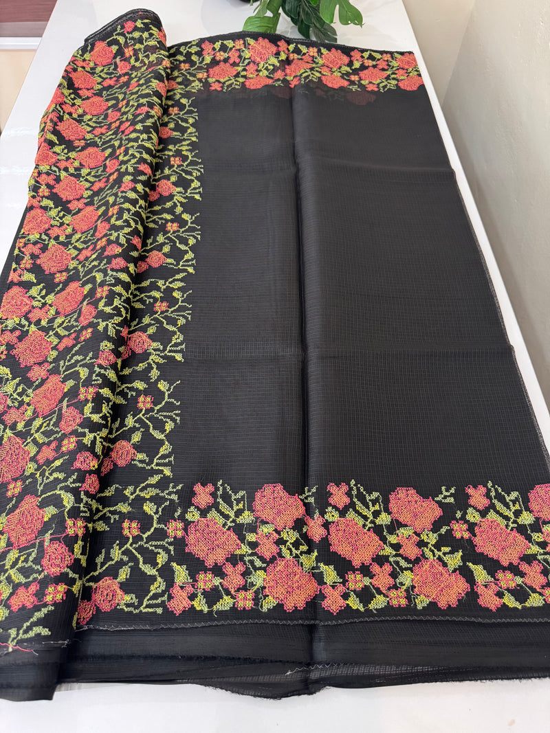 Soft kota cross stich embriodery saree  MSKC378 Black