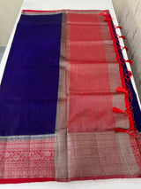 Jute silk sarees with contrast pallu & blouse MJL399 DarkBlue to Blue