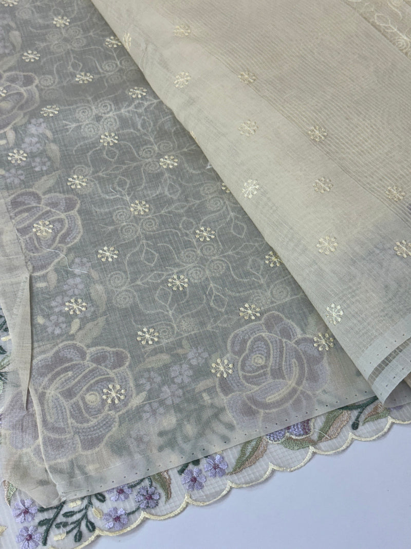 Phulkari NetKota embroidery saree - MSH107 Offwhite to Lavender