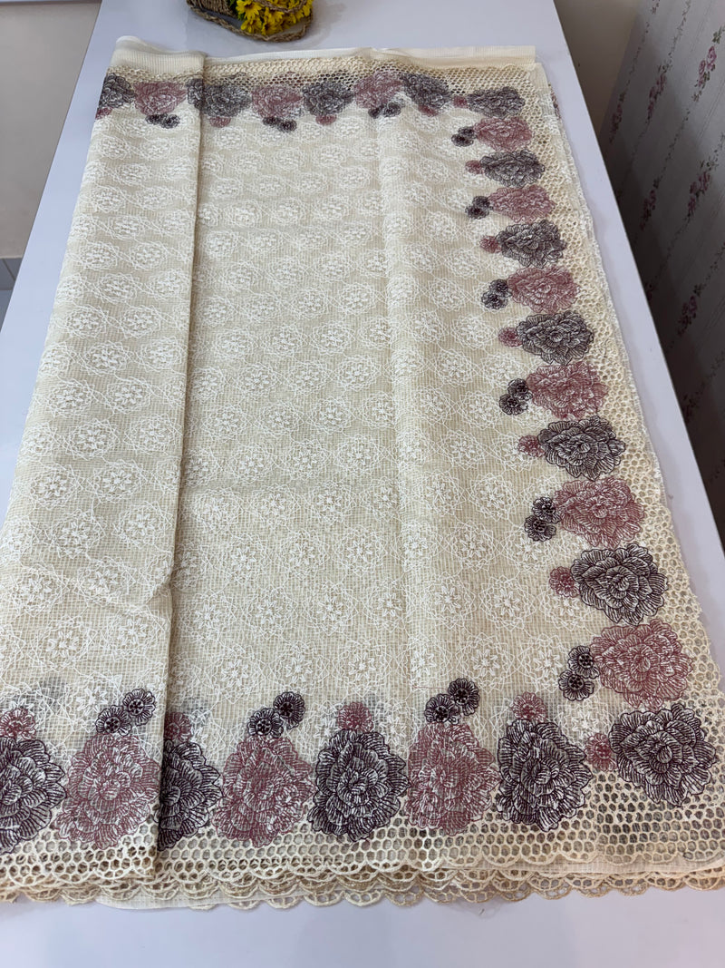 Cutwork Phulkari NetKota Embroidery saree - OffWhite