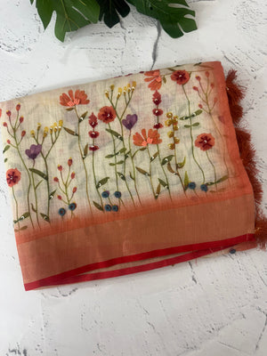 Handworked floral digital printed tissue Linen Saree MS14775 (1)