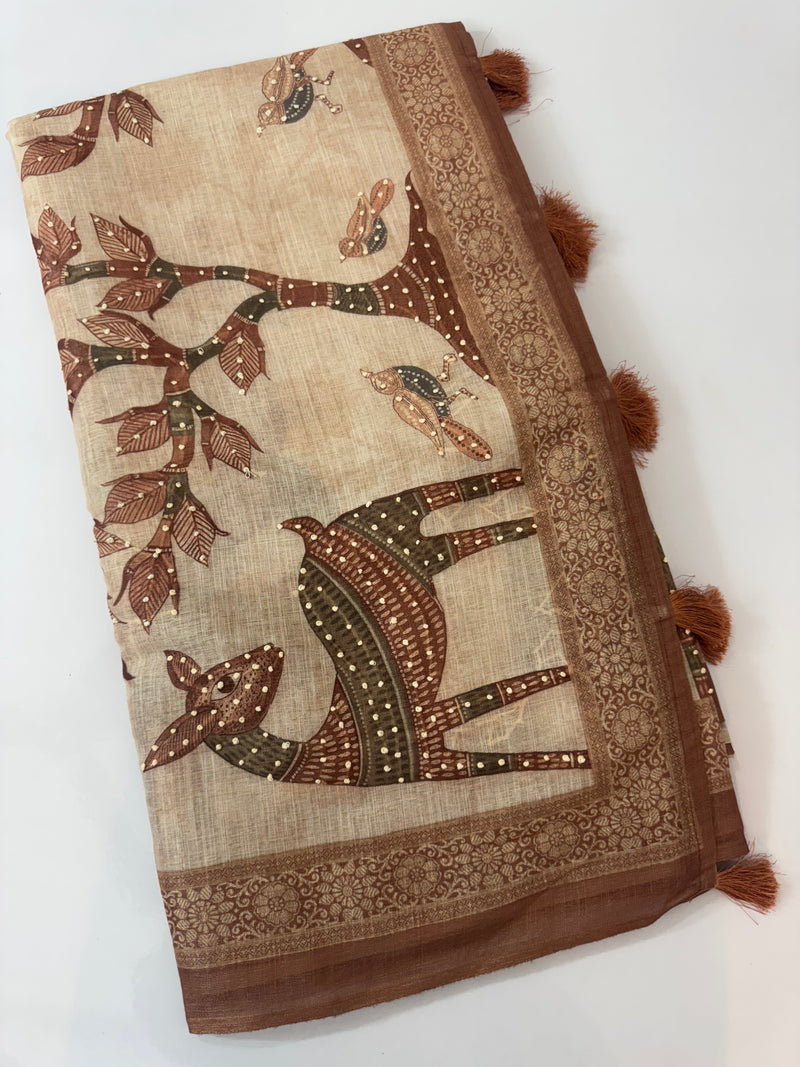 Blended linen saree with knotted embroidery and digital prints MLS4545
