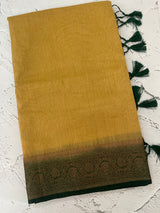 Jute silk sarees with contrast pallu & blouse MJL396 - Chiku to DarkGreen
