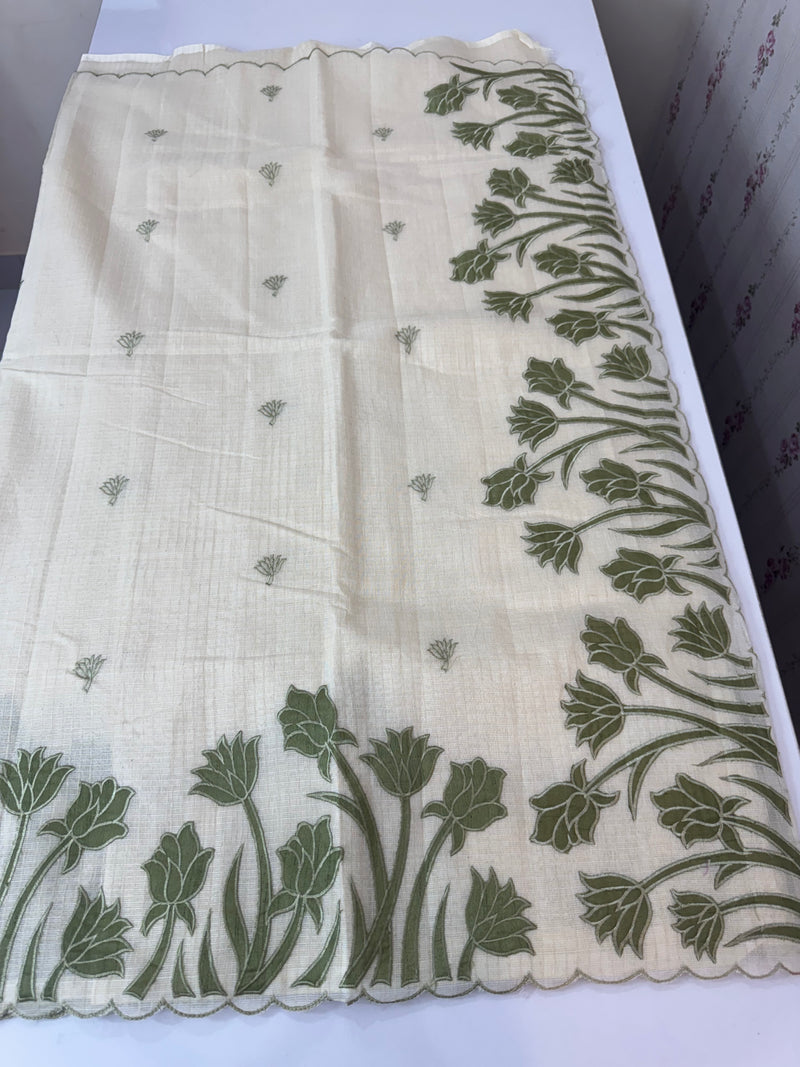 Jute Linen Applique work saree  -MSH128 Offwhite to Green