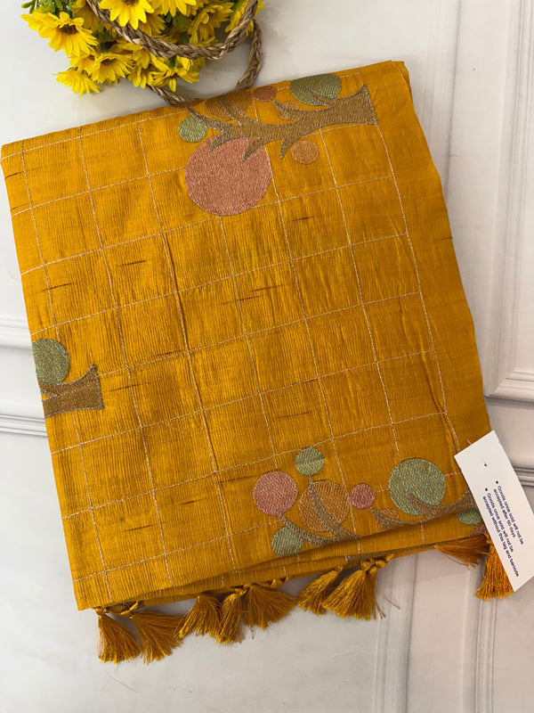 Crushed Blended tussar silk saree with embroidery- SNFCYEY MustardYellow