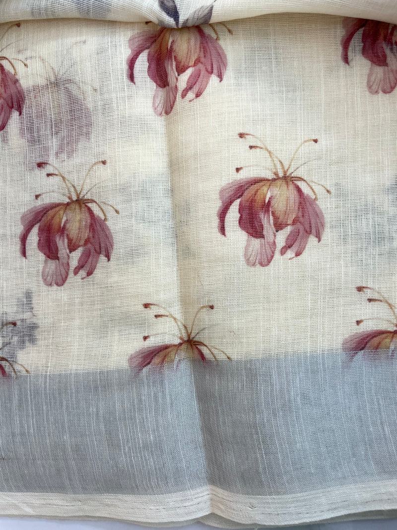 Handworked floral digital printed semi Linen Saree MLS611