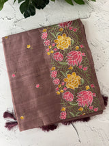 Crushed Blended tussar silk saree with embroidery- SNFCYEY DarkMauve