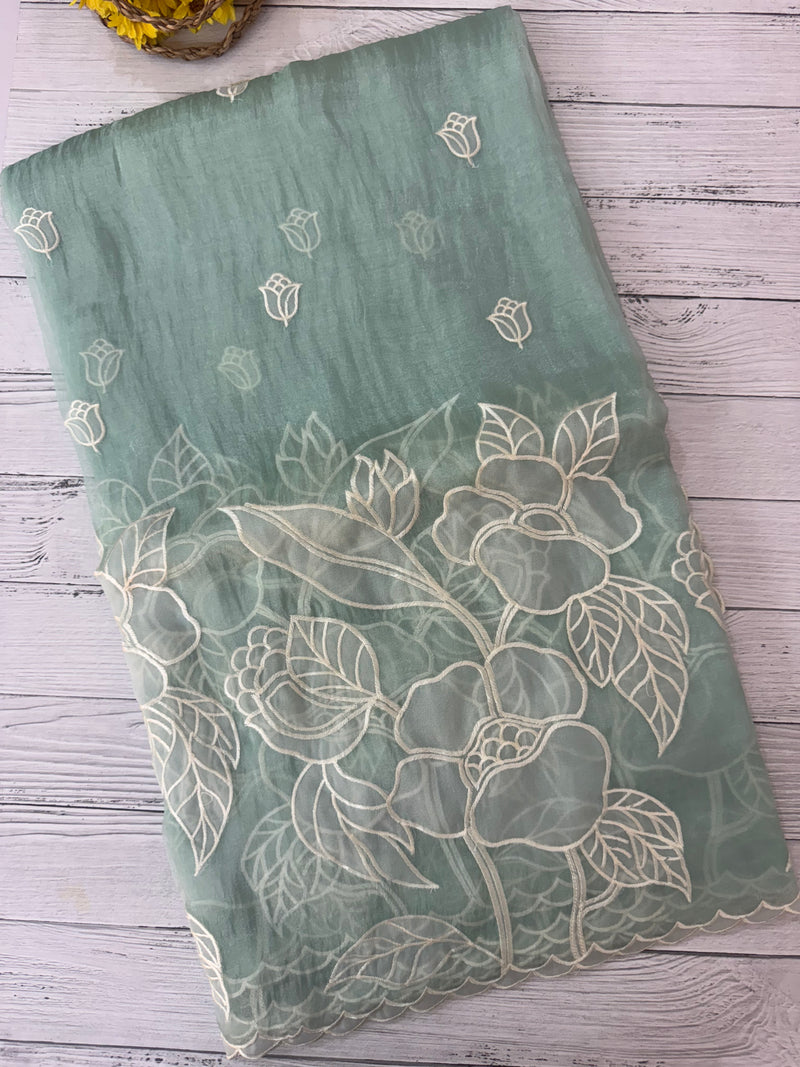 Tissue Organza Applique work saree MS15199- Pastel Aqua Blue