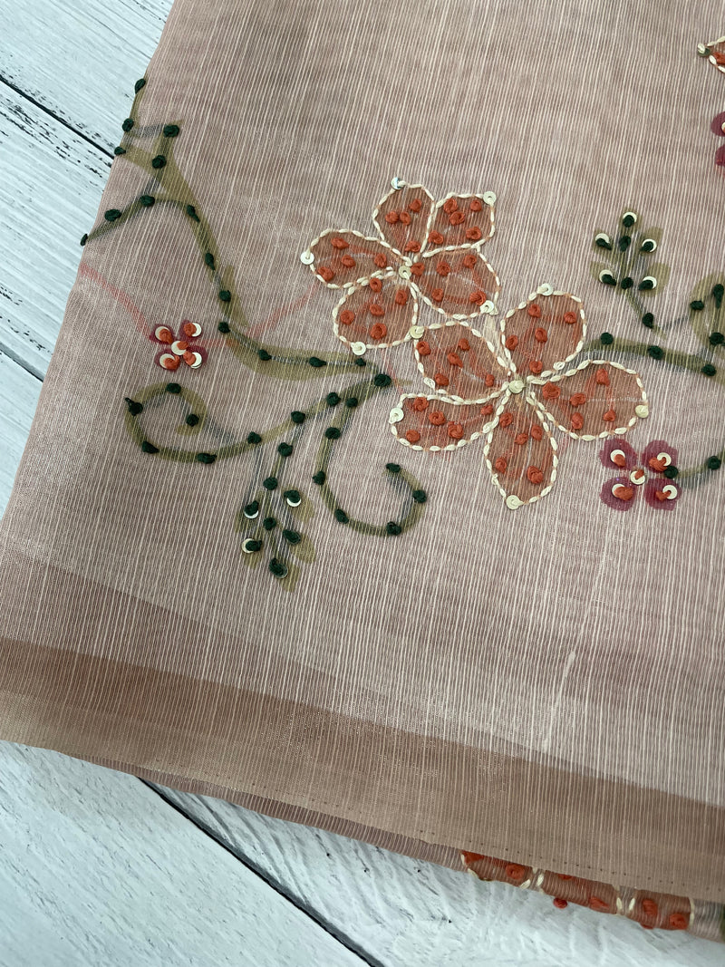 Soft Tissue linen saree with kanta embriodery saree FBLK72 - DuskyPeach