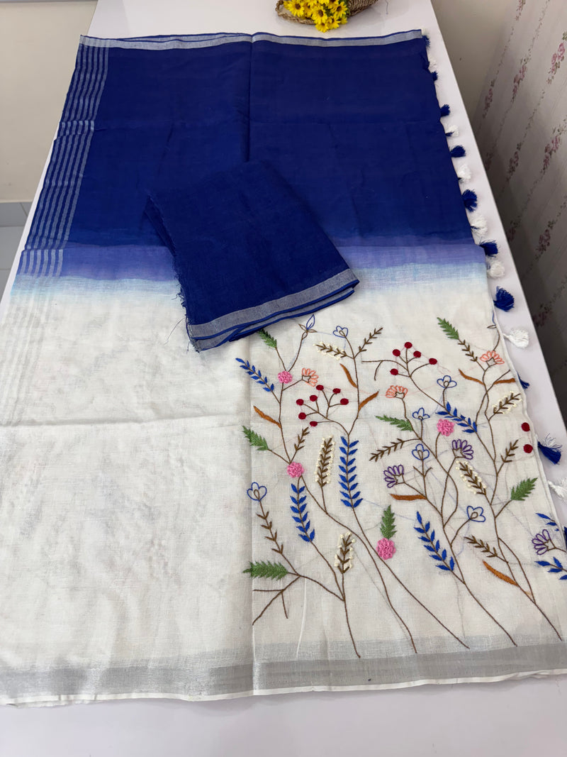 Linen blend Saree with hand embriodery MLS611