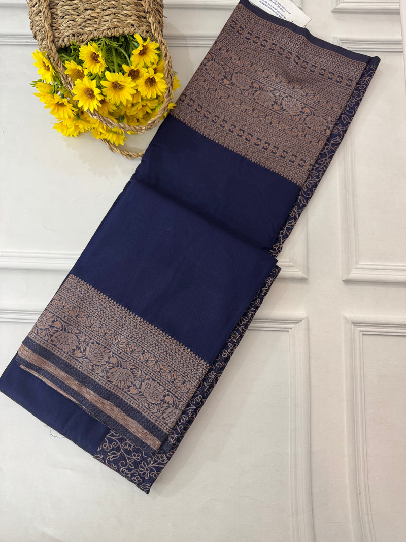 Crepe chiffon saree with brocade blouse - MS1134 DarkBlue