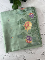 Crushed Blended tussar silk saree with embroidery- MTS355 - MintGreen