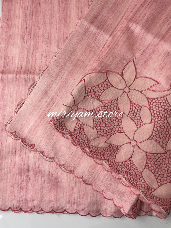 Crepe semi tussar saree with embroidery and scalloped border MCSS652 - Pastel Peach