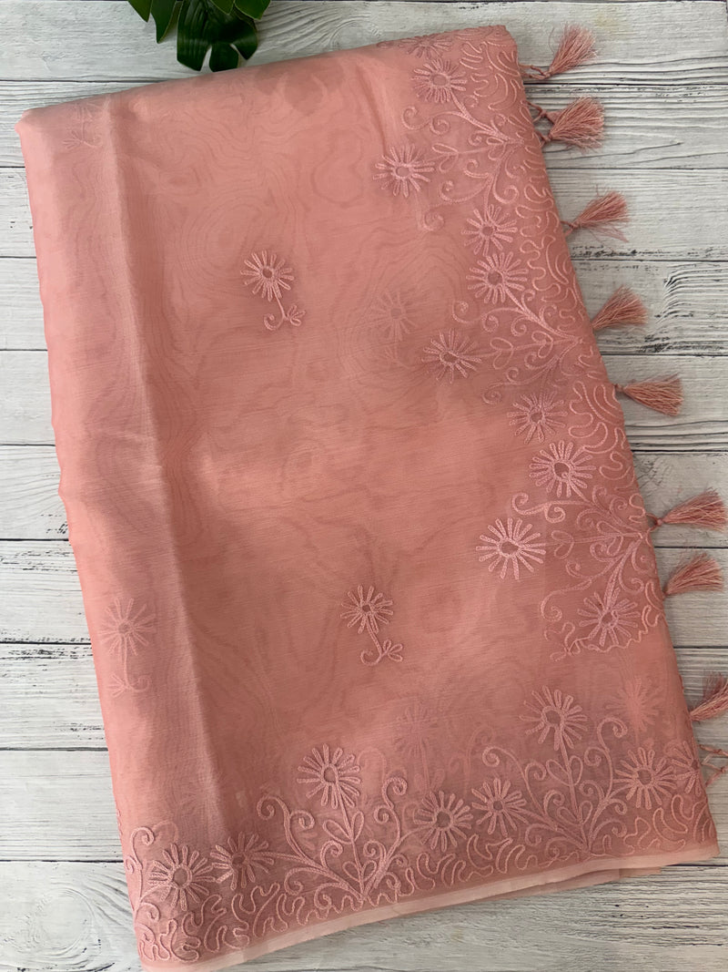 Semi organza saree with lace embroidery MSH117- PastelPeach