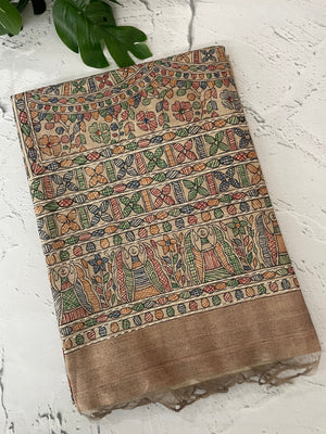 Madhubani Printed Semi tussar silk saree with Kanta work MBT6877 (5)