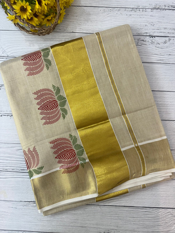 Kerala tissue saree - Lotus flowers
