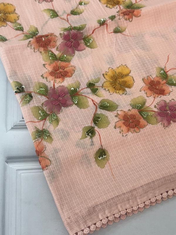 Soft kota silk saree with handpainting & embroidery MS14953 PastelPeach