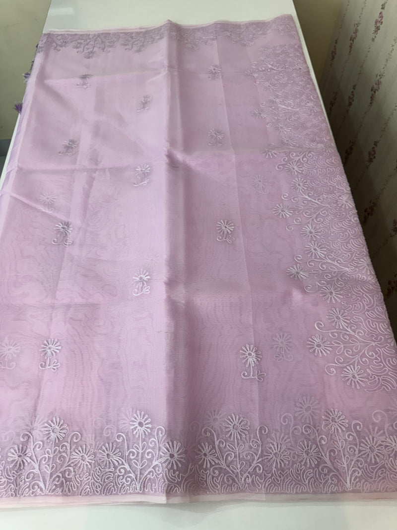 Semi organza saree with lace embroidery - MSH117 Lavender