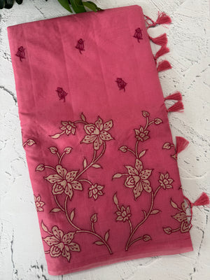 Mul chanderi tissue applique saree MSH150- Crimson Pink