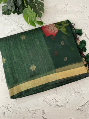 Semi jute silk saree with organza pallu MJL406 DarkGreen