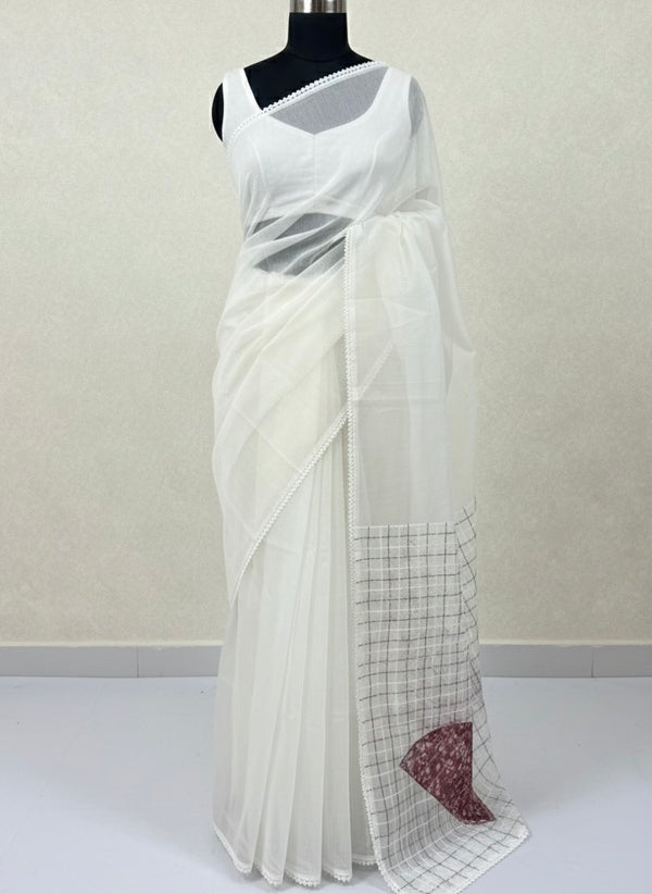 Plain Supernet saree with kanta work on pallu MCJ5123- White